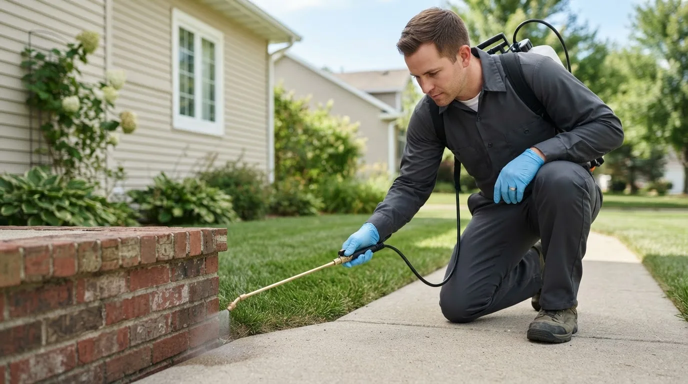 Pest control technician treating a home near West Greene, AL